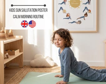 Kids Printable Sun Salutation Asana Poster, Yoga Art Print Instant Download, Illustration, Yogi Wall Decor Prints, Boys & Girls Yoga Poster