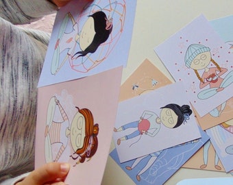 May include: Set of colorful cards featuring illustrations of people practicing mindful breathing exercises. Each card has a different illustration and the text "Exercícios de respiração consciente" is visible on the bottom right corner.