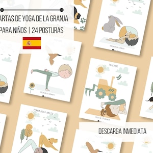 May include: A collection of illustrated yoga cards for children, featuring farm animals and poses. The cards have a light beige background with colorful illustrations of animals, children, and yoga positions. Text in Spanish is visible on the cards.