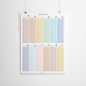 May include: A colourful printable birthday calendar with each month represented by a different colour. The calendar is designed with a yoga theme and features a small illustration of a person doing a yoga pose for each month.