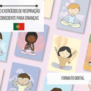Könnte beinhalten: Eine Sammlung illustrierter Karten mit Kindern in verschiedenen Yoga-Posen. Die Karten haben ein Pastellfarbschema und zeigen den Text "10 Atemübungen für Kinder" auf Portugiesisch sowie die portugiesische Flagge. Auch der Text "Digitales Format" ist sichtbar.