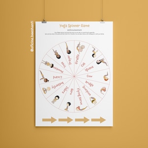 Op de afbeelding: Een printbaar yoga-spinner-spel met een kleurrijk wiel met 12 yoga-houdingen, waaronder berg, boom, gebed, giraffe, kat, leguaan, koe, brug, schorpioen, vliegende xerus, held, zebra, hagedis, vlinder. De spinner is ontworpen om mensen te helpen verschillende yoga-houdingen te leren en te oefenen.