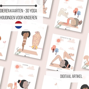 Puede incluir: Un conjunto de tarjetas de yoga ilustradas para niños, cada una con una postura de yoga y una ilustración de animal. Las tarjetas están en holandés y presentan el texto "DIEREN KAARTEN - 30 YOGA HOUDINGEN VOOR KINDEREN".