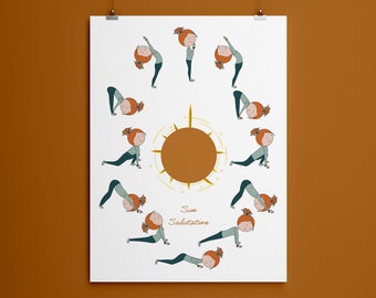 Printable Sun Salutation Asana Poster, Yoga Art Print Instant Download, Illustration, Yogi Wall Decor Prints, Yogi Girl