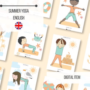 Printable Beach Summer Yoga Cards for kids - 16 cards | Summer themed | INSTANT DOWNLOAD
