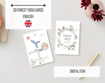Tarjetas de yoga en el bosque para niños: 29 posturas + ejercicios de respiración. Baraja digital inspirada en la naturaleza para el movimiento y el juego conscientes. Descarga instantánea.