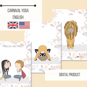 Schede yoga CARNEVALE stampabili per bambini - 12 asana con animali e altri elementi a tema carnevalesco / DOWNLOAD IMMEDIATO