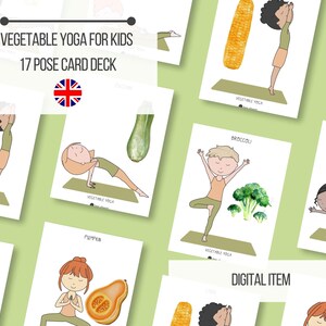 Könnte beinhalten: Kartenset "Gemüse-Yoga für Kinder". Jede Karte zeigt ein Kind in einer Yoga-Pose, zusammen mit Gemüse wie Mais, Brokkoli und Kürbis. Das Set enthält 17 Karten, ideal für Yoga-Übungen und spielerische Bewegung für Kinder.