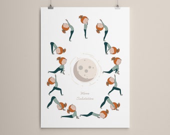 Printable Moon Salutation Asana Poster, Yoga Art Print Instant Download, Illustration, Yogi Wall Decor Prints, Girl Yogi
