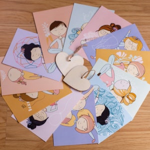 May include: A set of 10 colorful cards featuring illustrations of people doing yoga poses. Each card has a different pose and a different background. The cards are printed on thick cardstock and are perfect for use in a yoga class or for personal practice.