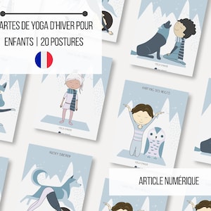 Puede incluir: Un conjunto de tarjetas de yoga ilustradas para niños, con posturas con temática de invierno. Las tarjetas tienen un fondo azul claro con ilustraciones de niños, animales y paisajes nevados. El texto en las tarjetas incluye "Tarjetas de yoga de invierno para niños | 20 posturas."
