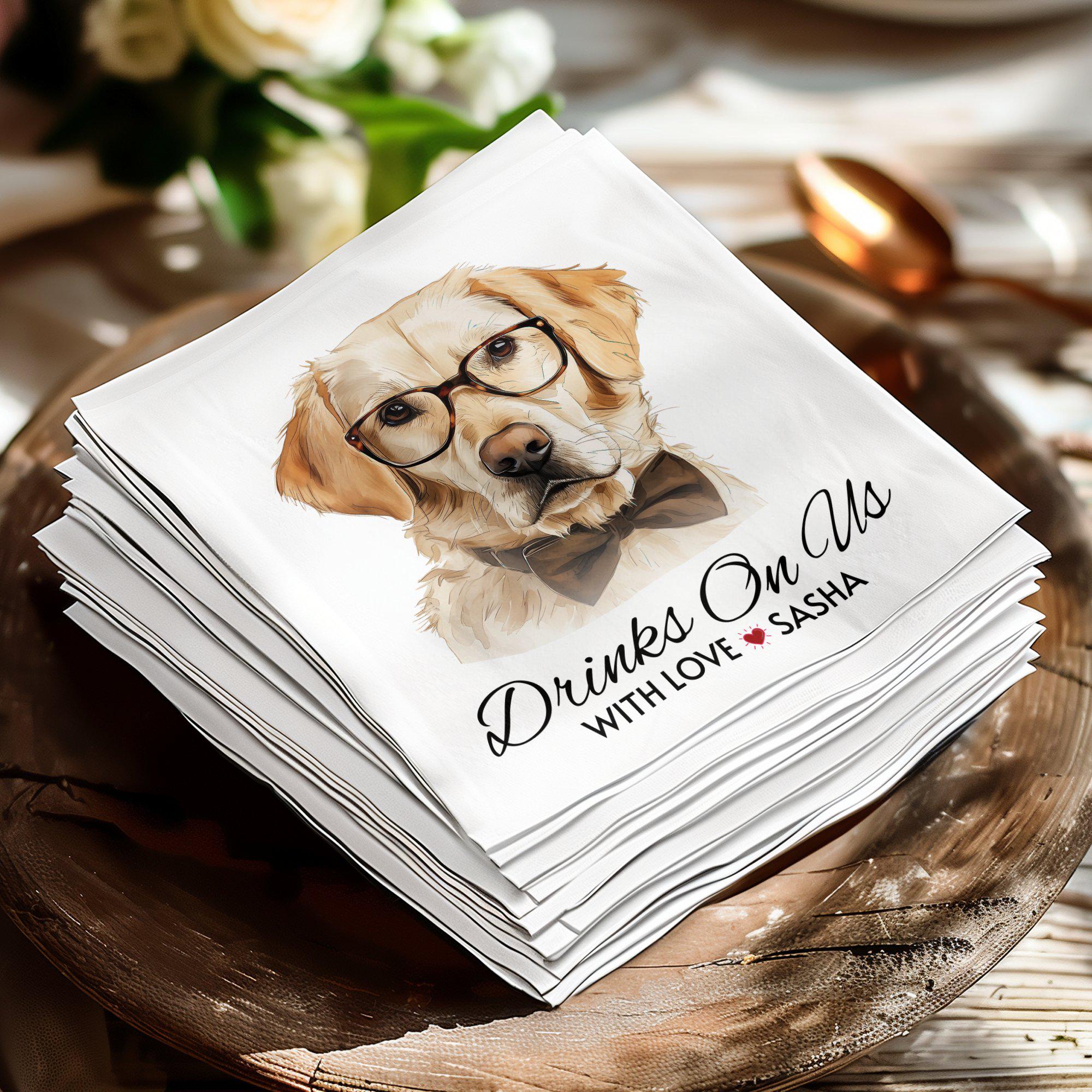 Custom Pet Cocktail Napkins for Weddings, Drinks On Us Napkins, Personalized Wedding Napkins, Pet Lover Wedding Favors, Dog Lover Napkins