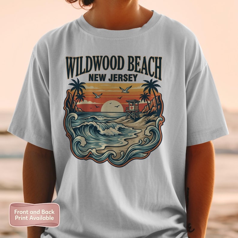 Wildwood Beach New Jersey T Shirt, Retro Sunset Beach Scene Tee, Summer Vacation Shirt, Coastal Surf Graphic, Unisex Casual Top