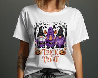 Halloween Gnomes T-Shirt, Trick or Treat Design, Cute Purple Witch T-Shirt for Fall Celebrations, Spooky Fun Apparel, Halloween Gift Ideas