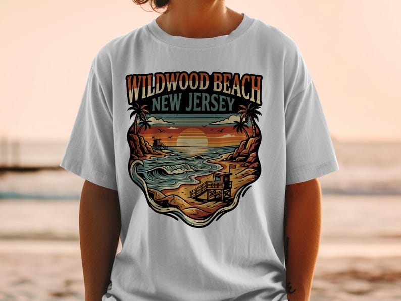 Wildwood Beach New Jersey T-Shirt, Vintage Sunset Coastal Graphic Tee, Ocean Waves Summer Beachwear, Gift for Beach Lovers