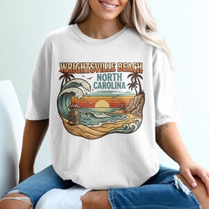 Wrightsville Beach North Carolina T-Shirt, Retro Beach Graphic Tee, Coastal Vacation Shirt, Sunset Ocean Wave Top, Souvenir Gift