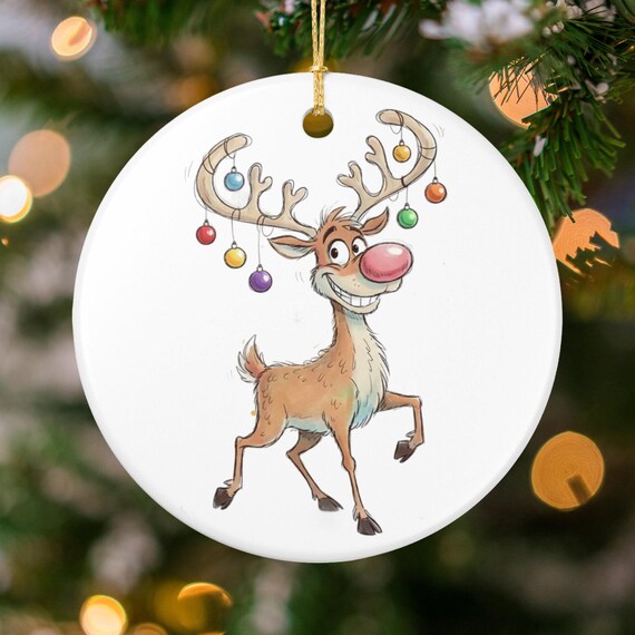 Cartoon Rentier Ornament: Lustig, Weihnachtskugeln, Geweih, rote Nase