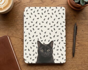 Custodia personalizzata per Kindle di 12a generazione: ritratto di gatto nero, motivo gattino, disegno felino, design personalizzato per animali domestici