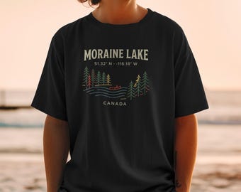 Moraine Lake Canada T-Shirt: Coordinates, Outdoorsy Souvenir, Minimalist Design