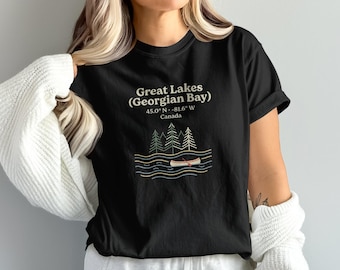Georgian Bay T-Shirt: Koordinaten, Große Seen, Kanada, Canoe, Bäume, Retro