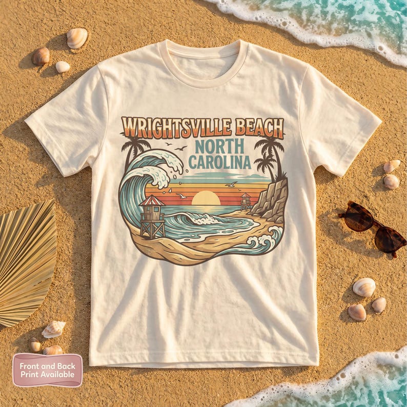Wrightsville Beach North Carolina T-Shirt, Coastal Vacation Tee, Beach Sunset Shirt, Wave Graphic Tee, Retro Beach T-Shirt