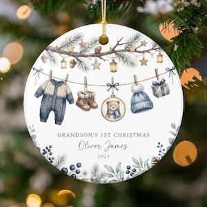 Grandson First Christmas Ornament, Personalized Baby Ornament, Teddy Bear, Name and Year Ornament