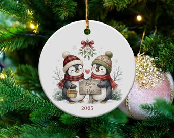 May include: A round Christmas ornament featuring two cartoon penguins wearing hats and scarves, holding a sign that reads "Luna Theo" and the year "2025". The ornament has a festive design with a mistletoe and a red heart.