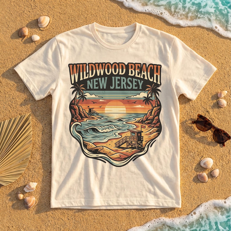 Wildwood Beach New Jersey T-Shirt, Vintage Ocean Sunset Graphic Tee, Coastal Vacation Souvenir Shirt, Retro Beachwear Top