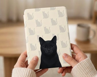 Custodia per Kindle Feline Art, ritratto fotografico di gatto nero personalizzabile, arte personalizzata per animali domestici