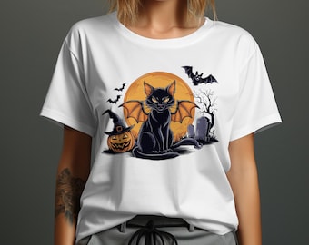 Spooky Halloween Cat T-Shirt with Pumpkin, Bats, and Haunted Graveyard Design, Halloween Gift Ideas