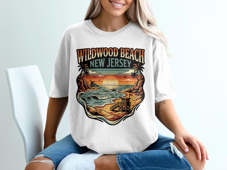 Wildwood Beach New Jersey T-Shirt, Sunset Beach Graphic Tee, Retro Vintage New Jersey Shirt, Summer Vacation Top, Travel Gift Idea