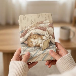 Puede incluir: Una funda decorativa para tableta con una ilustración de un gato jengibre leyendo un libro bajo una colcha. La funda tiene un fondo beige con un estampado floral y un estampado a rayas azules y blancas. El gato está acostado.