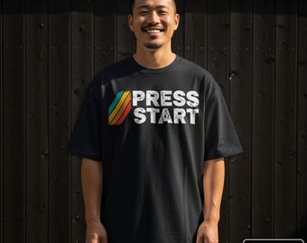 Camiseta retro de videojuegos Press Start: camiseta vintage de jugador arcade, camiseta de videojuegos de los 80