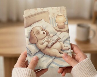 Funda para Kindle Paperwhite con diseño de cachorro leyendo: piel sintética Saffiano