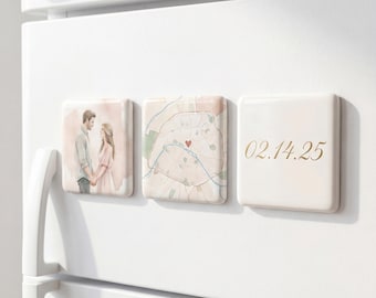 Juego de imanes con historia personalizada, mapa de nuestra primera cita, fecha y foto, regalo de aniversario de porcelana para pareja, recuerdo artístico personalizado para refrigerador