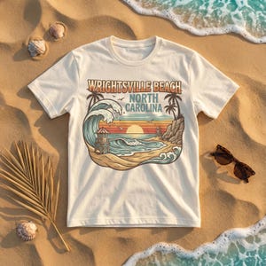 Wrightsville Beach North Carolina Graphic Tee, Vintage Sunset Surf Shirt, Coastal Beach T-Shirt, Retro Summer Vacation Top