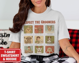 Könnte beinhalten: Weißes T-Shirt mit dem Text "Respect the Groomers" über neun illustrierten Hundepflege-Szenen. Das Shirt hat ein rotes Schild mit der Aufschrift "T-Shirt, Sweatshirt & Hoodie".