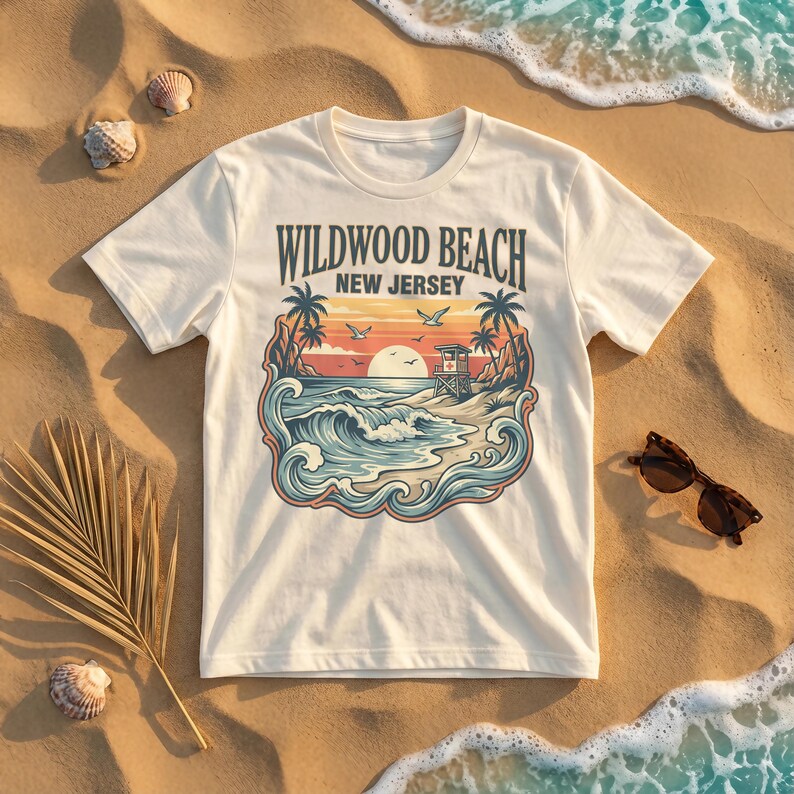 Wildwood Beach New Jersey T-Shirt, Vintage Beach Graphic Tee, Coastal Vacation Shirt, Retro Surf Design, Ocean Sunset Apparel