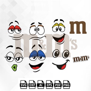 M&M gezichten SVG, M en M silhouet, letter M, 6 gesneden bestand SVG AI EPS DXF PDF en PNG clipart voor Cricut