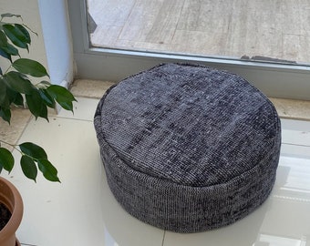 Grey Round Pouf 24x24x10 inc, Fur Pouf, Floor Seat Cushion, Grey Pouf Cover, Morrocan Pouf, Black Gray Pouf