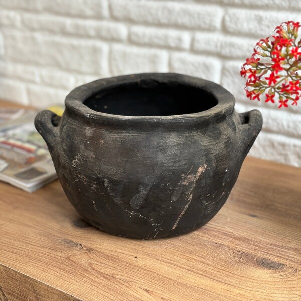 Gray Old Clay Pot, Aged and antiqued clay vessel / vase / small