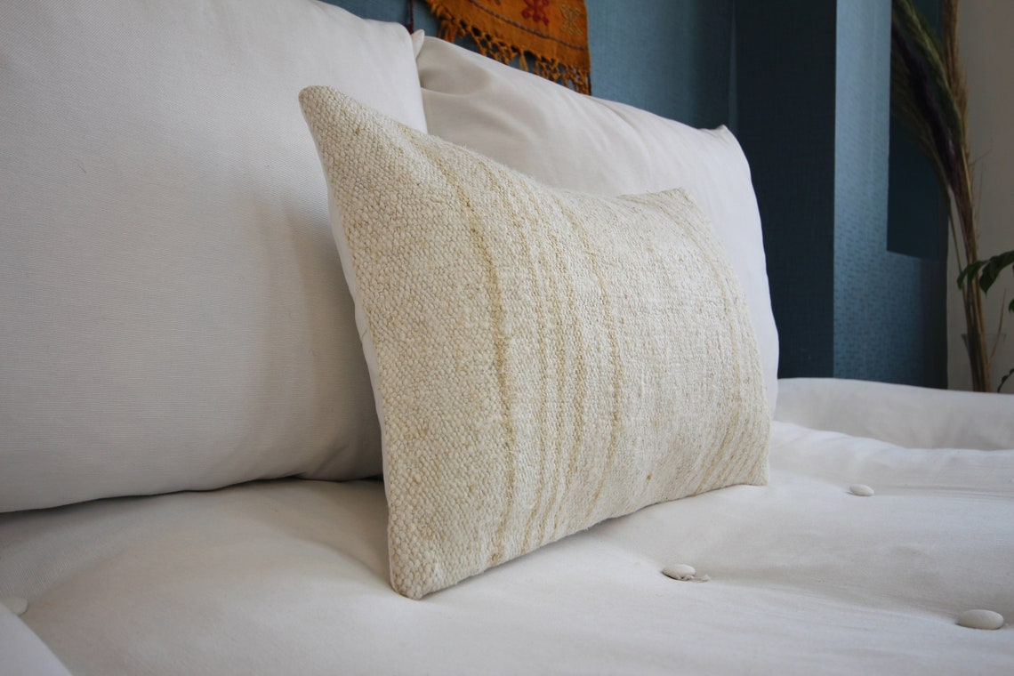 Striped Lumbar Pillow Case 12x20 Hemp Kilim Pillow Neutral Etsy