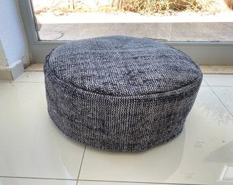 Grey Round Pouf 24x24x10 inc, Fur Pouf, Floor Seat Cushion, Grey Pouf Cover, Morrocan Pouf, Black Gray Pouf