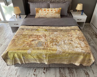 Full/Double Vintage Rare Chenille Colorful Cherub Bedspread | Boho Velvet Bed Topper Multicolour | Italian Wedding Velvet