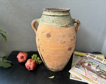 Farmhouse Decor Old Clay Pot, Aged and antiqued clay vessel / vase / pot 11” x 15” x 4”