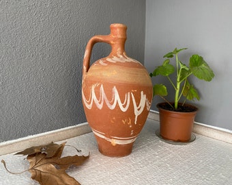 Old Clay Jug, Aged and antiqued clay vessel / vase / pot 8.7” x 14.6 x 5.25”