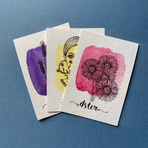 Karten-Set Flowers mit Illustration und Aquarell | Als Lesezeichen, Geschenkanhänger oder Geburtstagskarte - handgemaltes Original