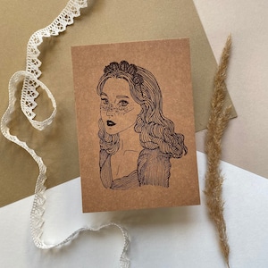 Postkarte Porträt Frau mit Kürbis-Haarreif | Kraftkarton mit Illustration als Grußkarte für Halloween mit Vintage Motiv im Tattoo Stil