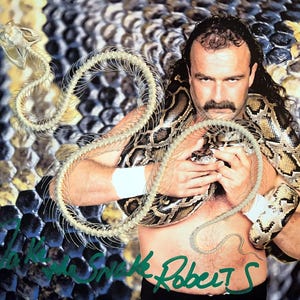 May include: A man with a mustache and long dark hair is holding a large snake around his neck. The snake is brown and tan with a patterned design. A skeleton of a snake is in the foreground. The man is wearing a black outfit and has a white wristband.