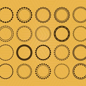 May include: A set of 20 different black circle frames with various decorative borders, including dotted, dashed, and patterned designs. The frames are isolated on a yellow background.